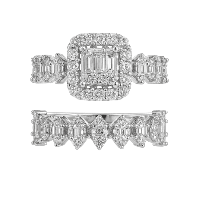 18k white gold natural diamond bridal set with round and baguette diamonds in a halo design.