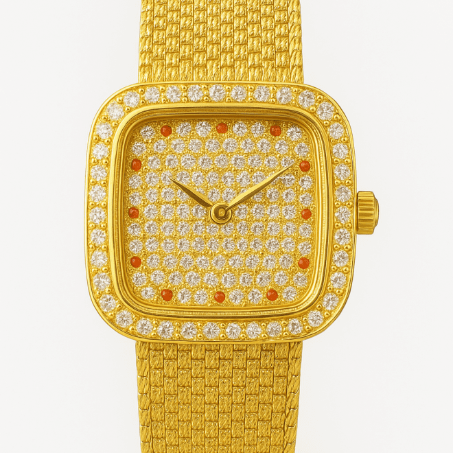 Vintage handmade gold-plated women’s watch with full zircon pave dial and natural orange coral stones, 18k gold mesh strap