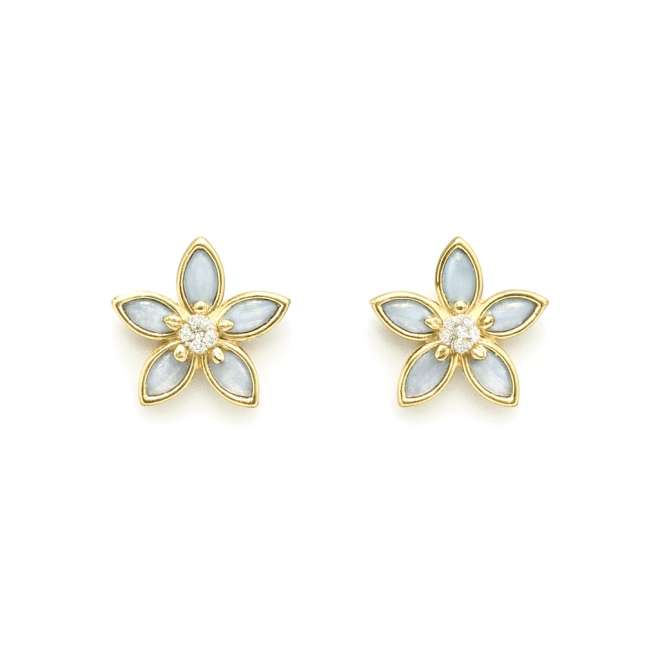 18k yellow gold earrings with natural diamonds and mother-of-pearl floral design