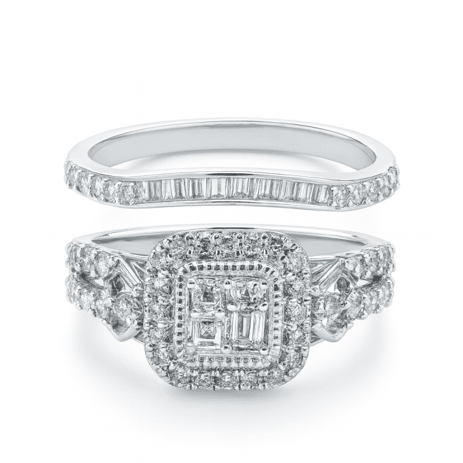 18k white gold natural diamond engagement ring with baguette and round cuts, matching diamond wedding band, luxury bridal set for Dubai and UAE customers.