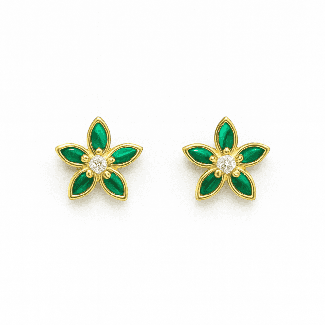18k yellow gold reversible earrings with malachite, mother-of-pearl and natural diamonds in a floral design.