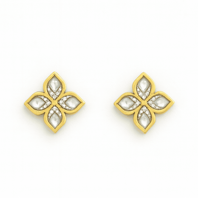 18k yellow gold earrings with mother-of-pearl petals and natural diamonds in a floral design.