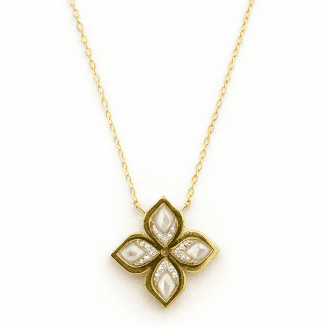 18k yellow gold necklace with mother-of-pearl floral pendant and natural diamonds