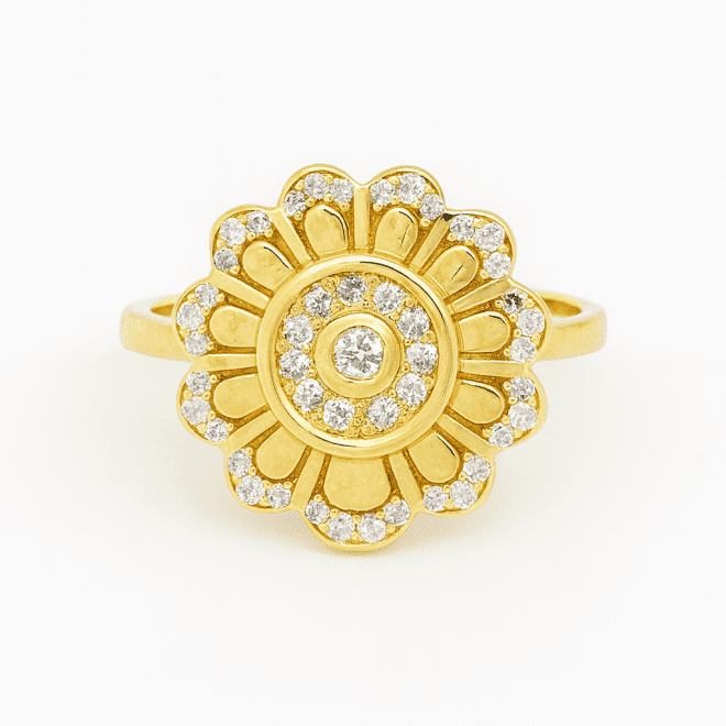 18k yellow gold flower ring with natural diamonds, luxury handcrafted fine jewelry for Dubai and UAE customers.