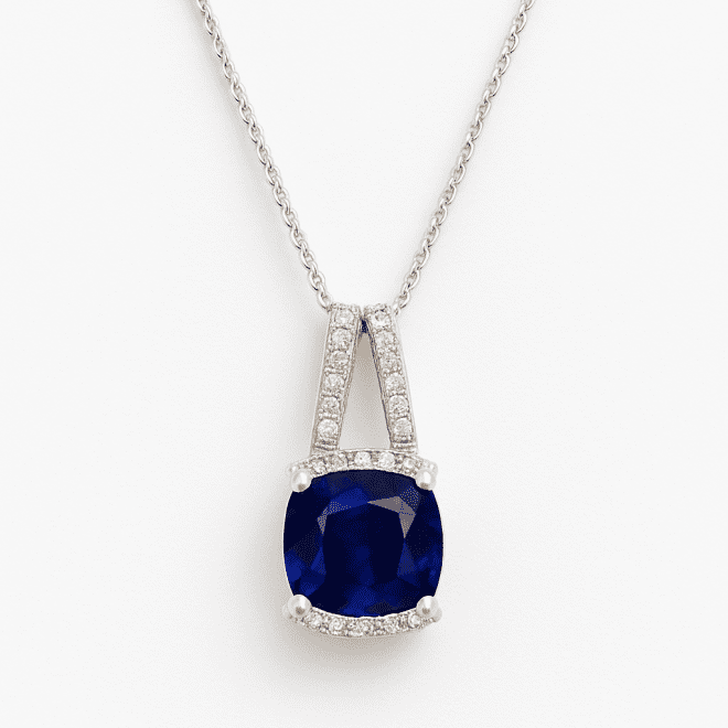 18k white gold blue sapphire pendant with natural diamonds