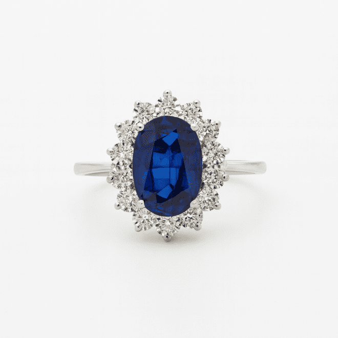 18k white gold blue sapphire ring with natural diamonds, luxury fine jewellery handcrafted for Dubai and UAE customers.