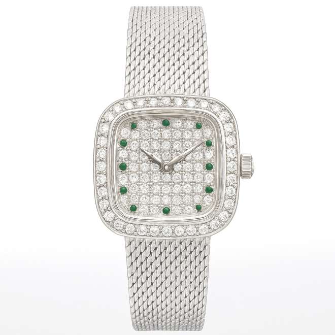 Luxury vintage handmade women’s watch with full zircon pave dial, natural green jade hour markers and white gold-plated mesh strap