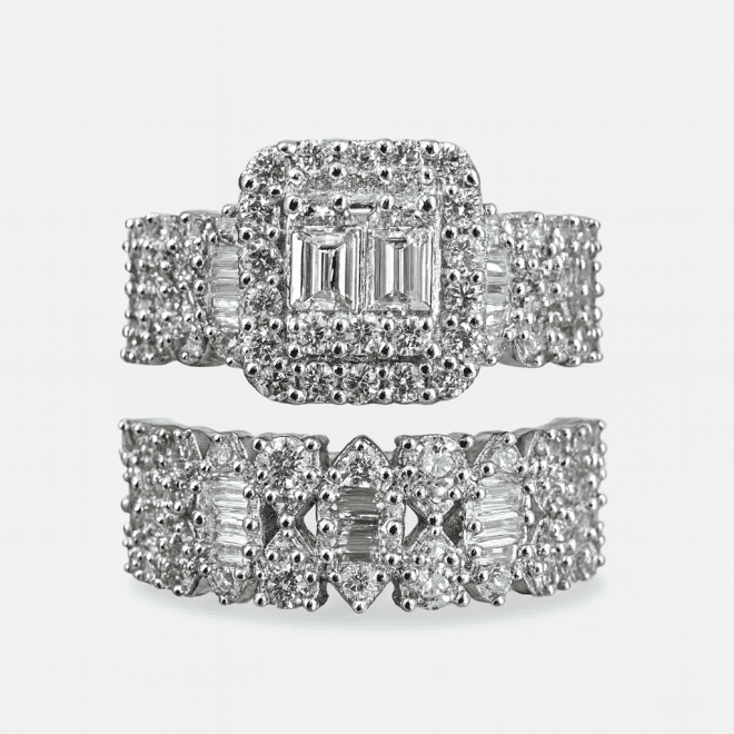 18k white gold natural diamond engagement ring and wedding band set, luxury customizable bridal rings for Dubai and UAE customers