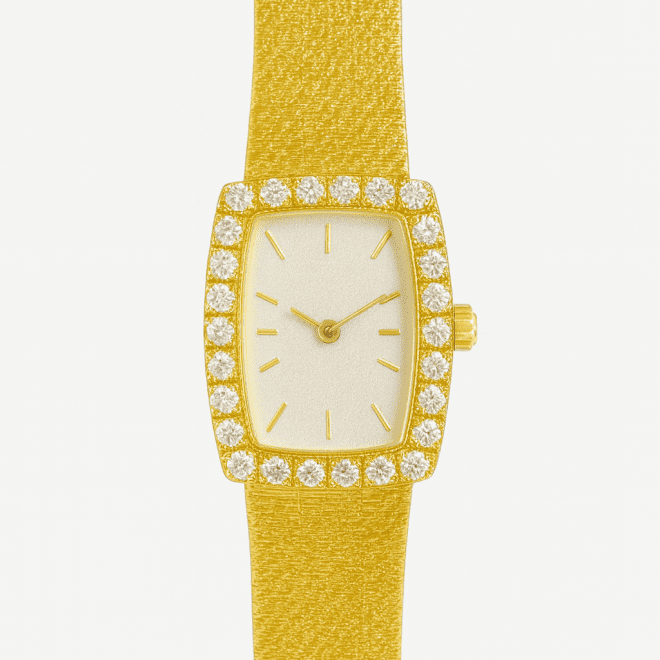 Vintage handmade women’s rectangular gold-plated watch with white dial, zircon bezel and 18k gold woven strap.