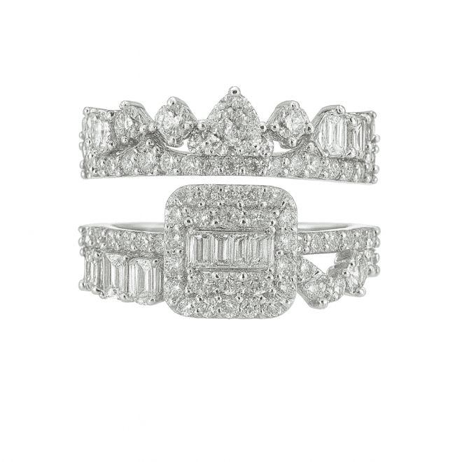 18k white gold natural diamond bridal set with mixed shapes including pear, baguette and round stones.