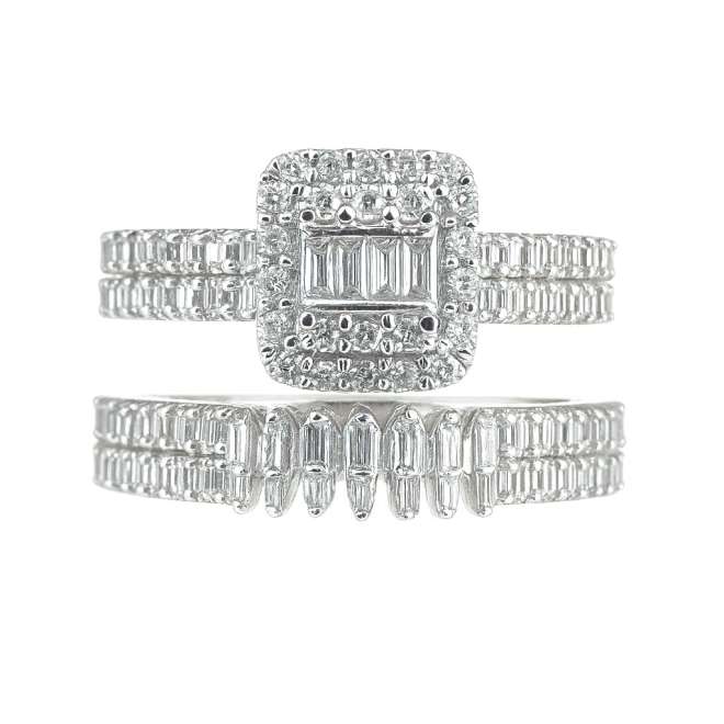 18k white gold natural diamond bridal set with baguette and round diamonds in a halo design