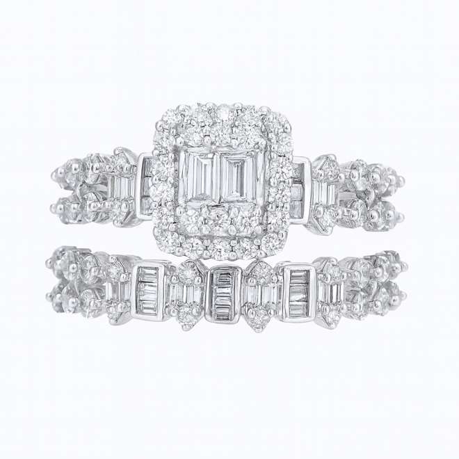 18k white gold natural diamond bridal set with baguette and round diamonds in a halo square design.