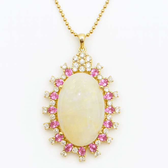 Rare opal pendant with pink sapphires and natural diamonds in 18K yellow gold – luxury handcrafted custom jewelry in Dubai.