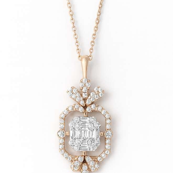 Luxury natural diamond pendant necklace in rose gold with baguette-cut centerpiece and halo diamonds – custom jewelry Dubai.