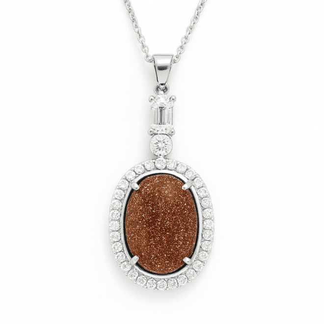 Luxury sunstone pendant with natural sparkling sunstone and diamond halo – custom handcrafted jewelry in Dubai.