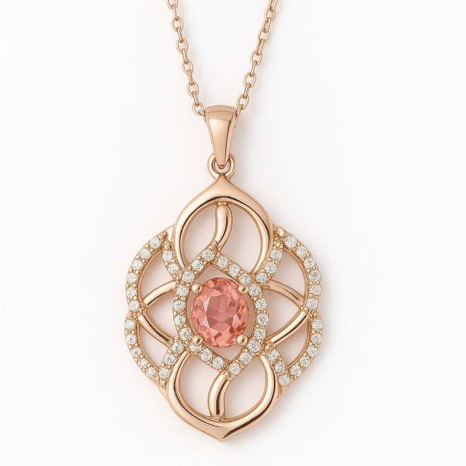 18K rose gold pendant with natural pink gemstone and VS diamonds, G+ color – handcrafted custom jewelry in Dubai.