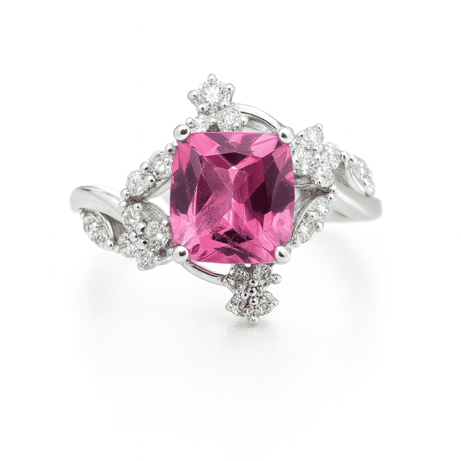 Pink quartz ring with natural diamonds in white gold – luxury fine jewelry available in Dubai