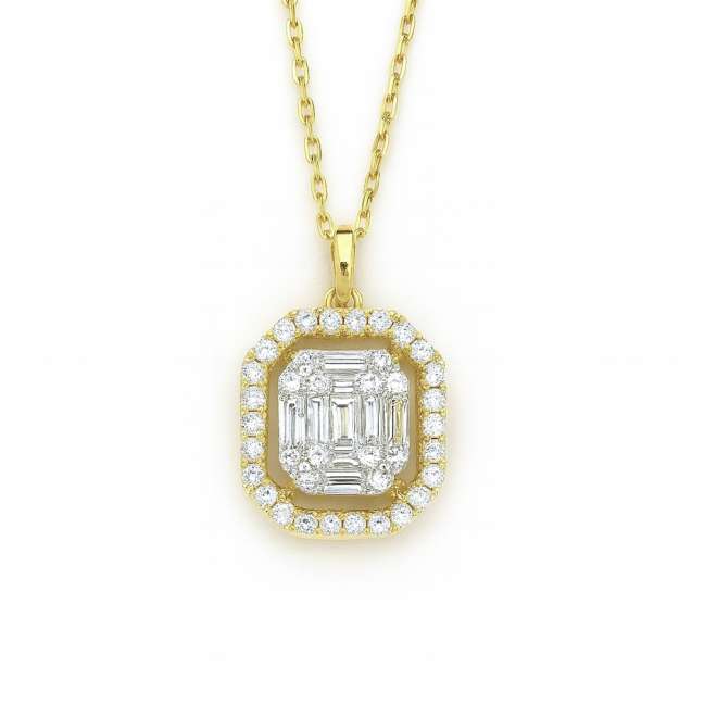 Natural diamond pendant in 18K yellow gold with baguette and round diamonds – luxury jewelry Dubai