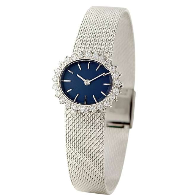 Luxury vintage silver quartz watch with navy blue dial and zirconia stones – Dubai