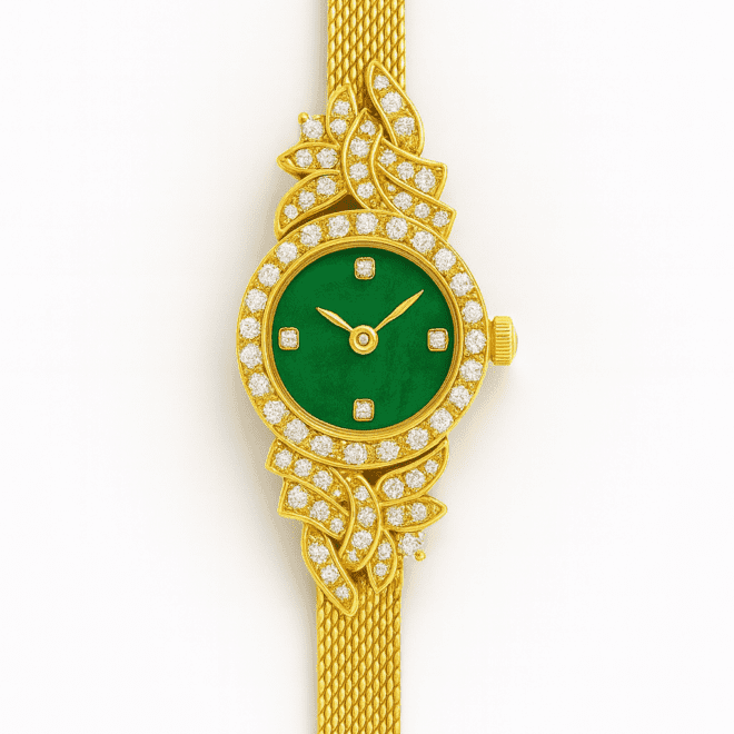 Vintage gold women’s watch with natural jade dial – ساعة نسائية مطلية بذهب 18 عيار مع واجهة جاد طبيعي – винтажные женские часы с натуральным нефритом – zircon bezel and 18K gold-plated mesh strap