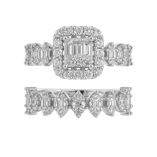 18k white gold natural diamond bridal set with round and baguette diamonds in a halo design.