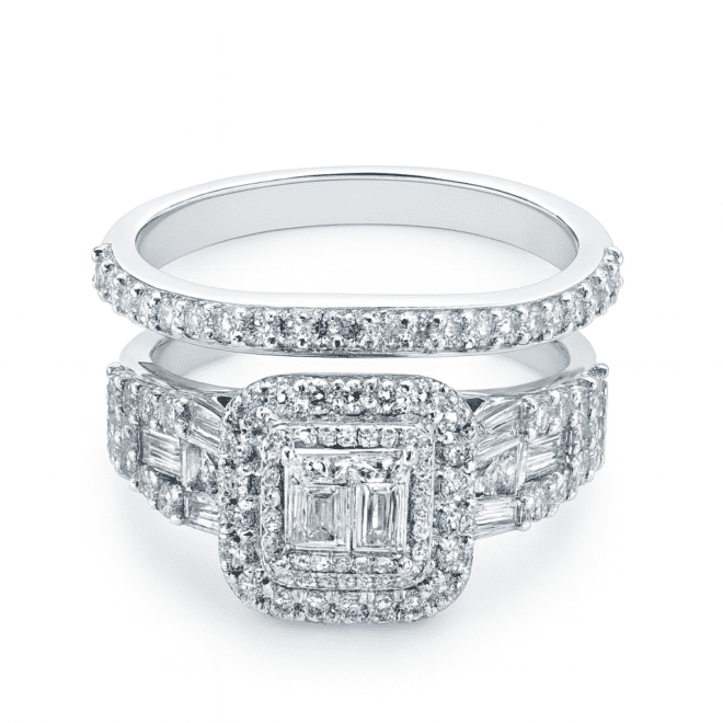 18k white gold natural diamond engagement ring with matching diamond wedding band, luxury bridal set for Dubai and UAE customers.