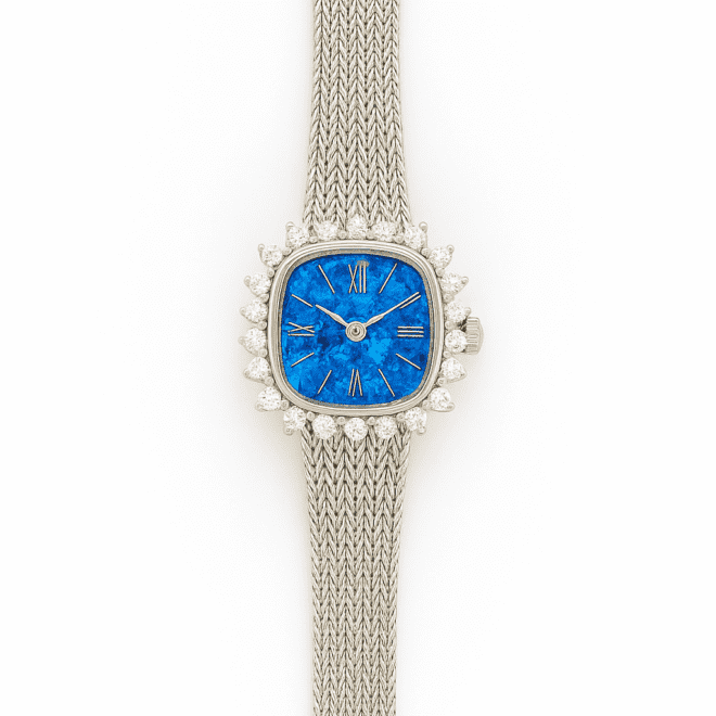 Vintage silver women’s watch with natural opal dial – ساعة نسائية فضية بواجهة أوبال طبيعي – винтажные женские часы с натуральным опалом – zircon bezel and stainless-steel mesh strap