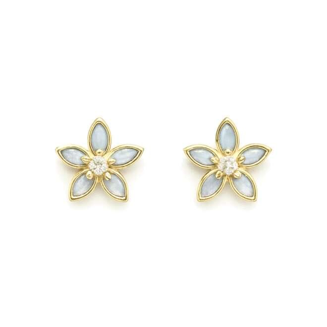 18k yellow gold earrings with natural diamonds and mother-of-pearl floral design