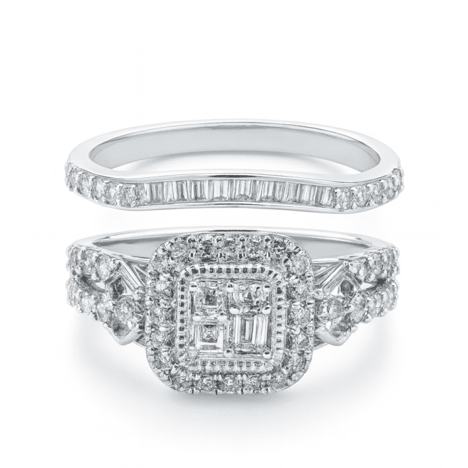 18k white gold natural diamond engagement ring with baguette and round cuts, matching diamond wedding band, luxury bridal set for Dubai and UAE customers.