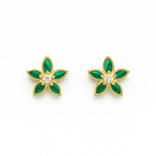 18k yellow gold reversible earrings with malachite, mother-of-pearl and natural diamonds in a floral design.