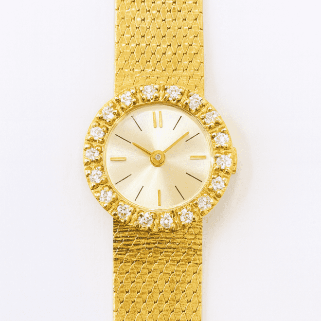 Vintage gold women’s watch – ساعة نسائية ذهبية فاخرة – винтажные женские золотые часы – zircon stones, adjustable gold-plated stainless-steel mesh strap