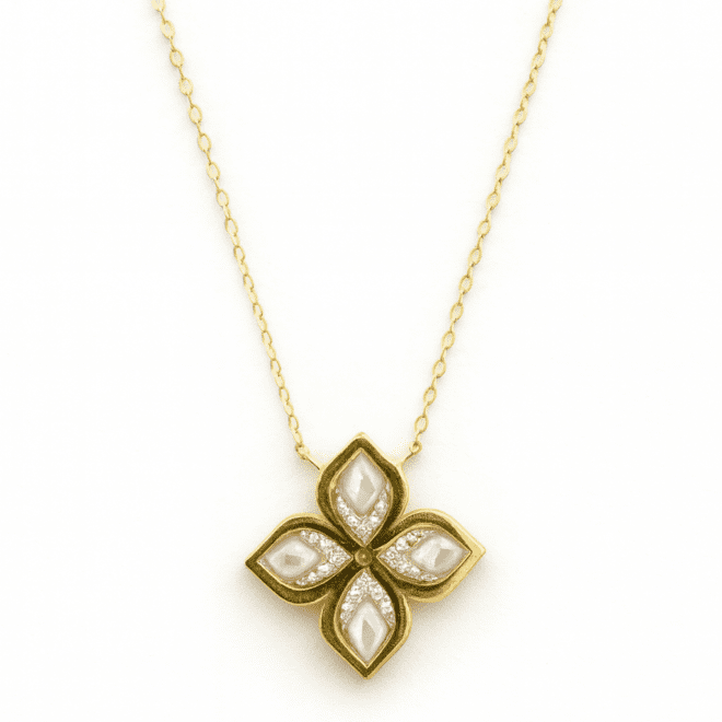18k yellow gold necklace with mother-of-pearl floral pendant and natural diamonds