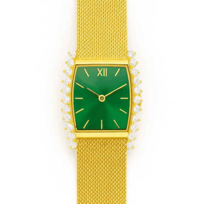 Vintage green dial gold women’s watch – ساعة نسائية ذهبية بواجهة خضراء – винтажные женские часы с зелёным циферблатом – zircon frame, adjustable gold-plated mesh strap