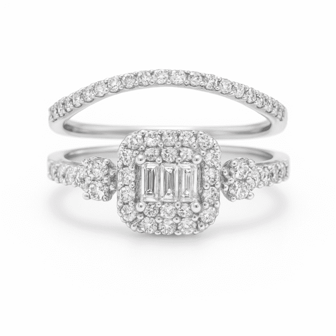 Modern diamond ring set with baguette and round diamonds – خاتم مزدوج بتصميم عصري مع ألماس باغيت وروند بجودة VS ولون G+ – современный набор колец с бриллиантами багет и раунд качества VS и цвета G+