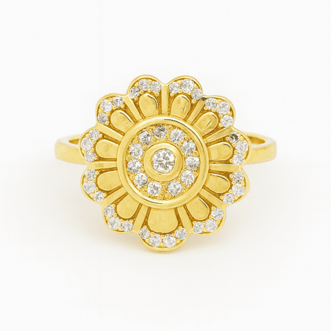 18k yellow gold flower ring with natural diamonds, luxury handcrafted fine jewelry for Dubai and UAE customers.