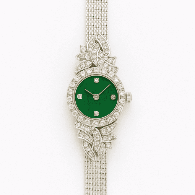 Vintage silver women’s watch with natural jade dial – ساعة نسائية فضية بواجهة حجر الجاد الطبيعي – винтажные женские часы с натуральным нефритом – zircon bezel and stainless-steel mesh strap