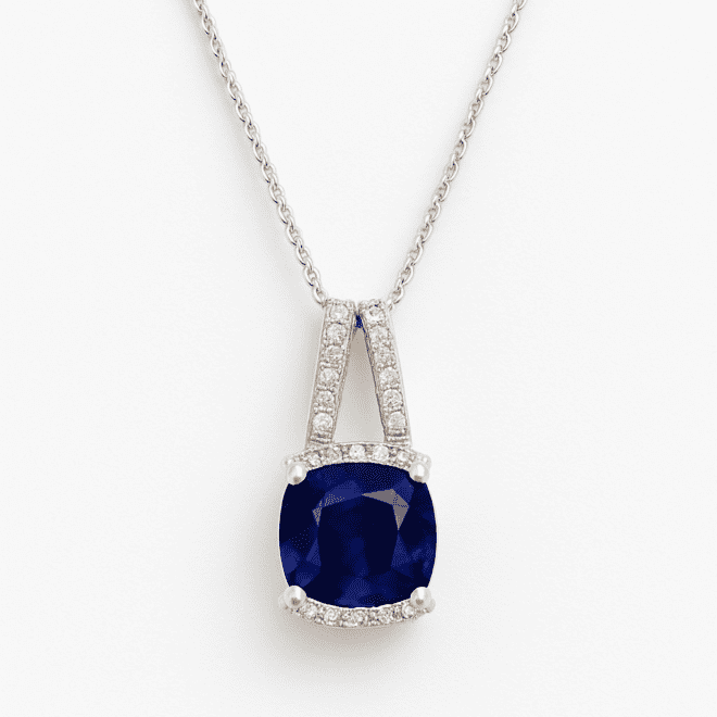 18k white gold blue sapphire pendant with natural diamonds