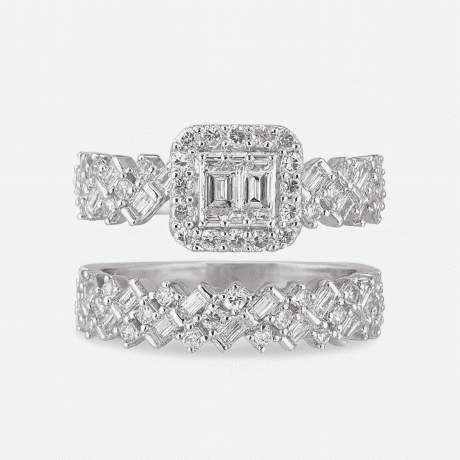 Vintage-style diamond engagement ring set with baguette and round natural diamonds, VS clarity and G+ color, custom-made in Dubai.