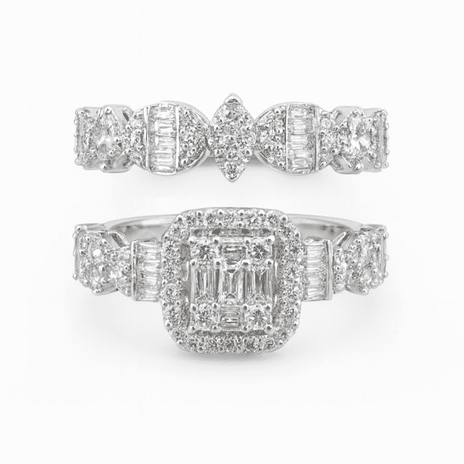Twin diamond ring set with baguette, round, and marquise stones – خاتمين بألماس باغيت وروند وماركيز بجودة VS ولون G+ – комплект двойных колец с бриллиантами багет, раунд и маркиз качества VS и цвета G+