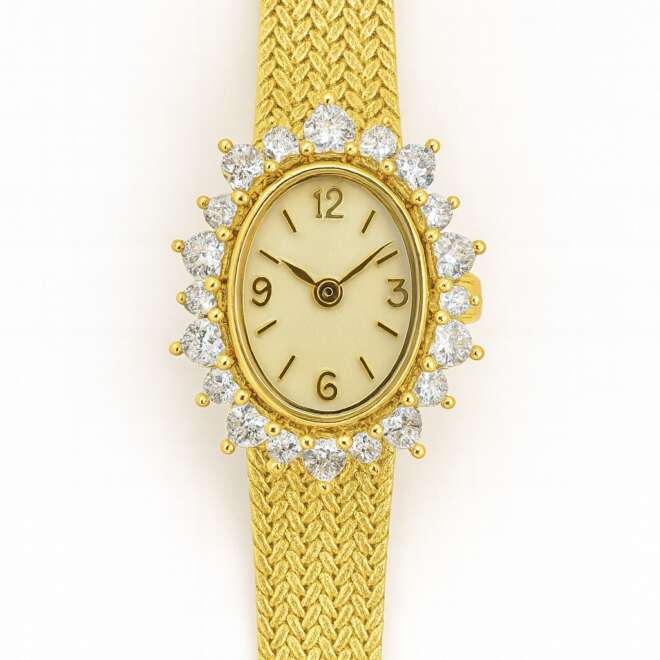 Vintage oval gold women’s watch – ساعة نسائية ذهبية بيضاوية – винтажные овальные женские часы – zircon frame, adjustable gold-plated mesh strap