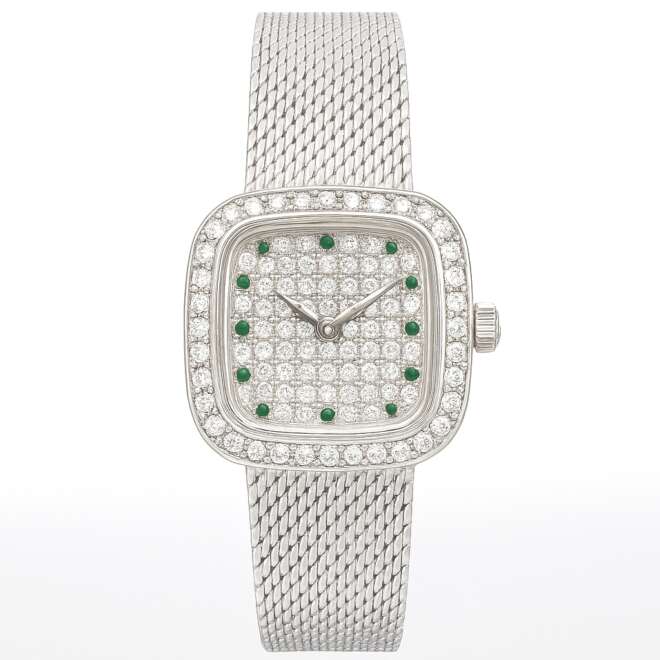 Luxury vintage handmade women’s watch with full zircon pave dial, natural green jade hour markers and white gold-plated mesh strap