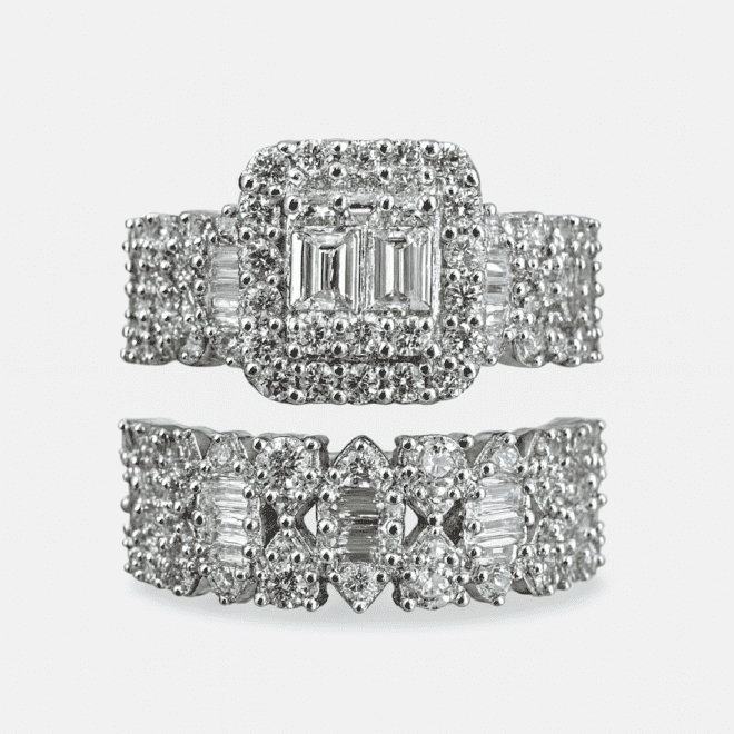 18k white gold natural diamond engagement ring and wedding band set, luxury customizable bridal rings for Dubai and UAE customers