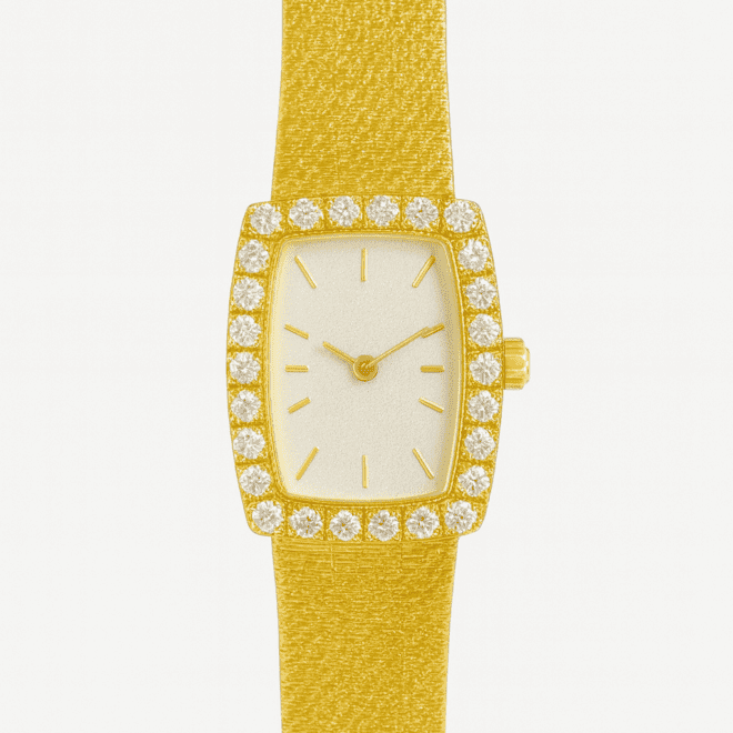 Vintage handmade women’s rectangular gold-plated watch with white dial, zircon bezel and 18k gold woven strap.