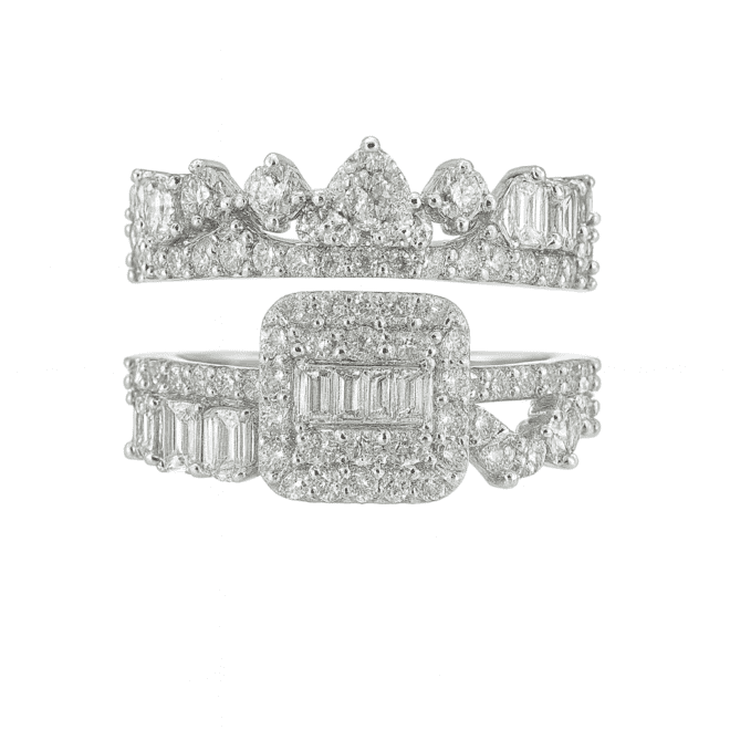 18k white gold natural diamond bridal set with mixed shapes including pear, baguette and round stones.