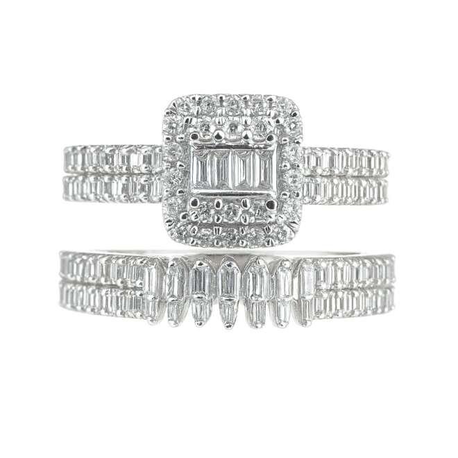 18k white gold natural diamond bridal set with baguette and round diamonds in a halo design