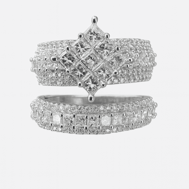 Belgium-cut diamond engagement ring set with natural princess and round diamonds, VS clarity, G+ color, custom-made in Dubai. Belgium-cut diamond engagement ring set with natural princess and round diamonds, VS clarity, G+ color, custom-made in Dubai.