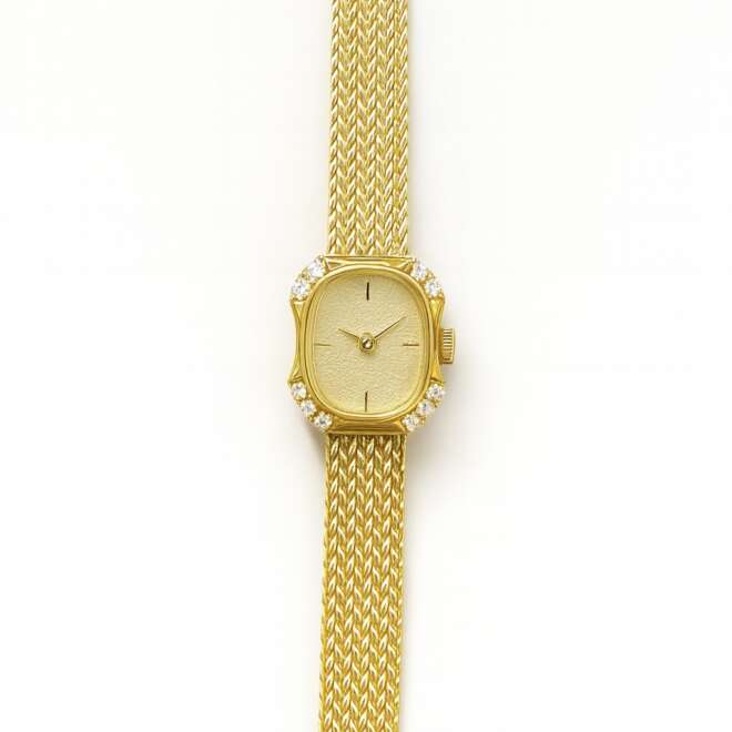 Vintage gold women’s watch with white dial – ساعة نسائية مطلية بذهب 18 عيار بواجهة بيضاء – винтажные женские часы с покрытием 18K – zircon bezel and 18K gold-plated mesh strap