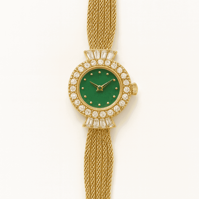Vintage gold women’s watch with natural jade dial – ساعة نسائية مطلية بذهب 18 عيار بواجهة حجر الجاد الطبيعي – винтажные женские часы с натуральным нефритом – zircon bezel and 18K gold-plated multi-mesh strap