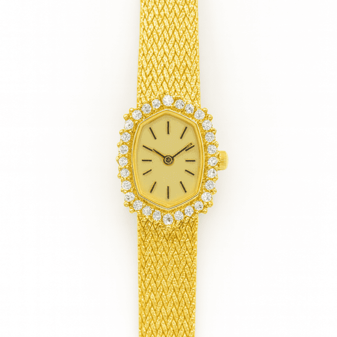 Vintage gold women’s watch – ساعة نسائية ذهبية فاخرة – винтажные золотые женские часы – zircon stones, adjustable gold-plated mesh strap