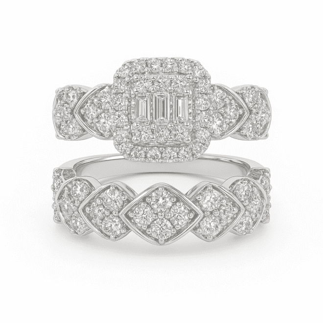 Luxury twin diamond ring set with baguette and round diamonds – خاتمين فاخرين بألماس باغيت وروند بجودة VS ولون G+ – роскошный набор двойных колец с бриллиантами багет и раунд качества VS и цвета G+